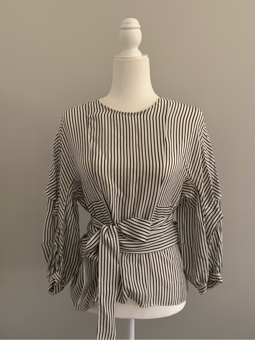 Maje Black and White Striped Tie-Waist Blouse